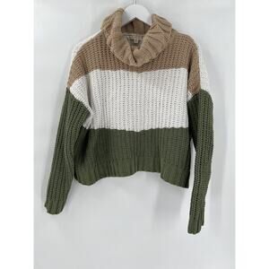 Its Our Time Sweater White Green Knit Striped Womens Medium Turtleneck